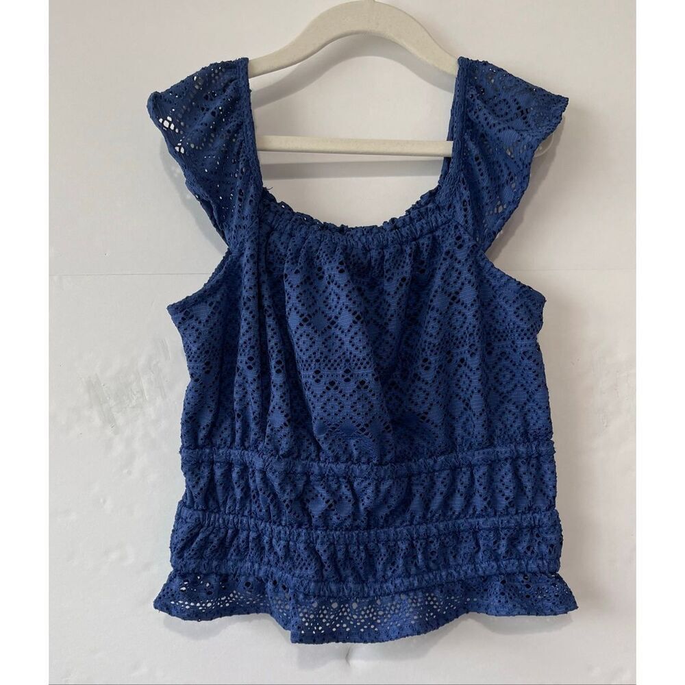 SO Blue Flutter Sleeve Crochet Top   Girls Size L